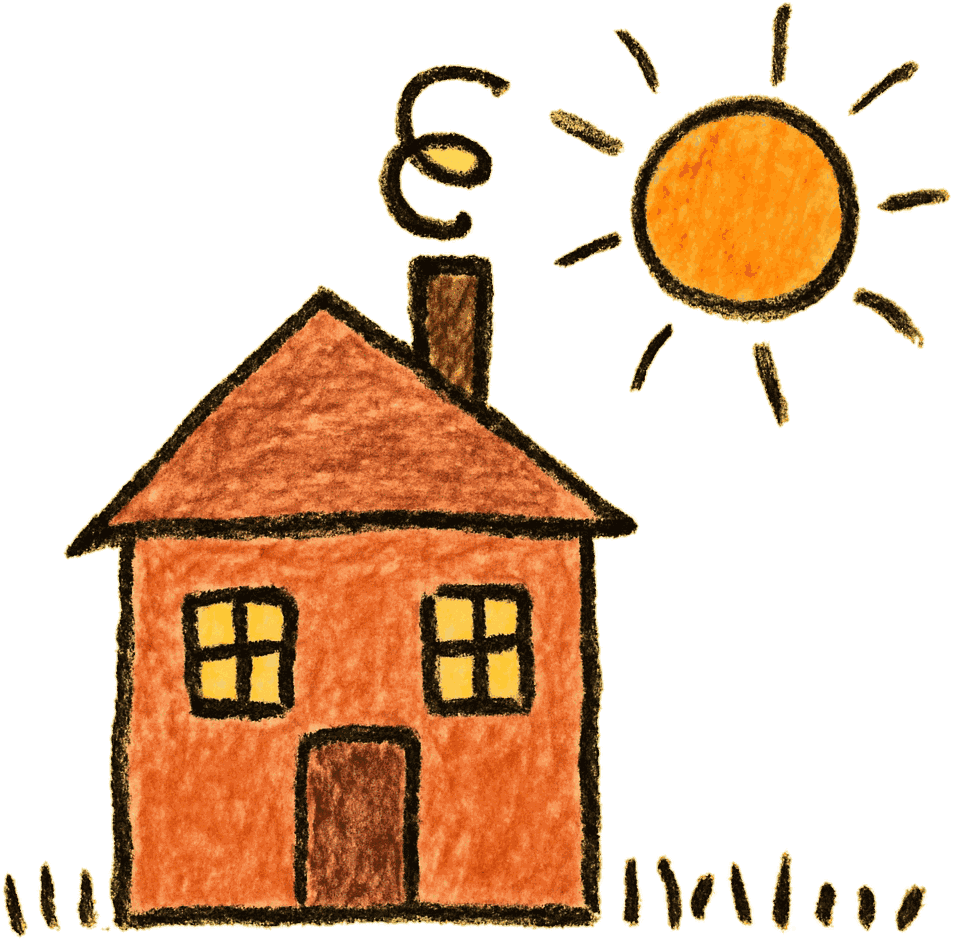 A child's crayon drawing of a house: a lopsided square house with a triangle roof, a chimney with corkscrew smoke, and a lopsided sun with straight rays